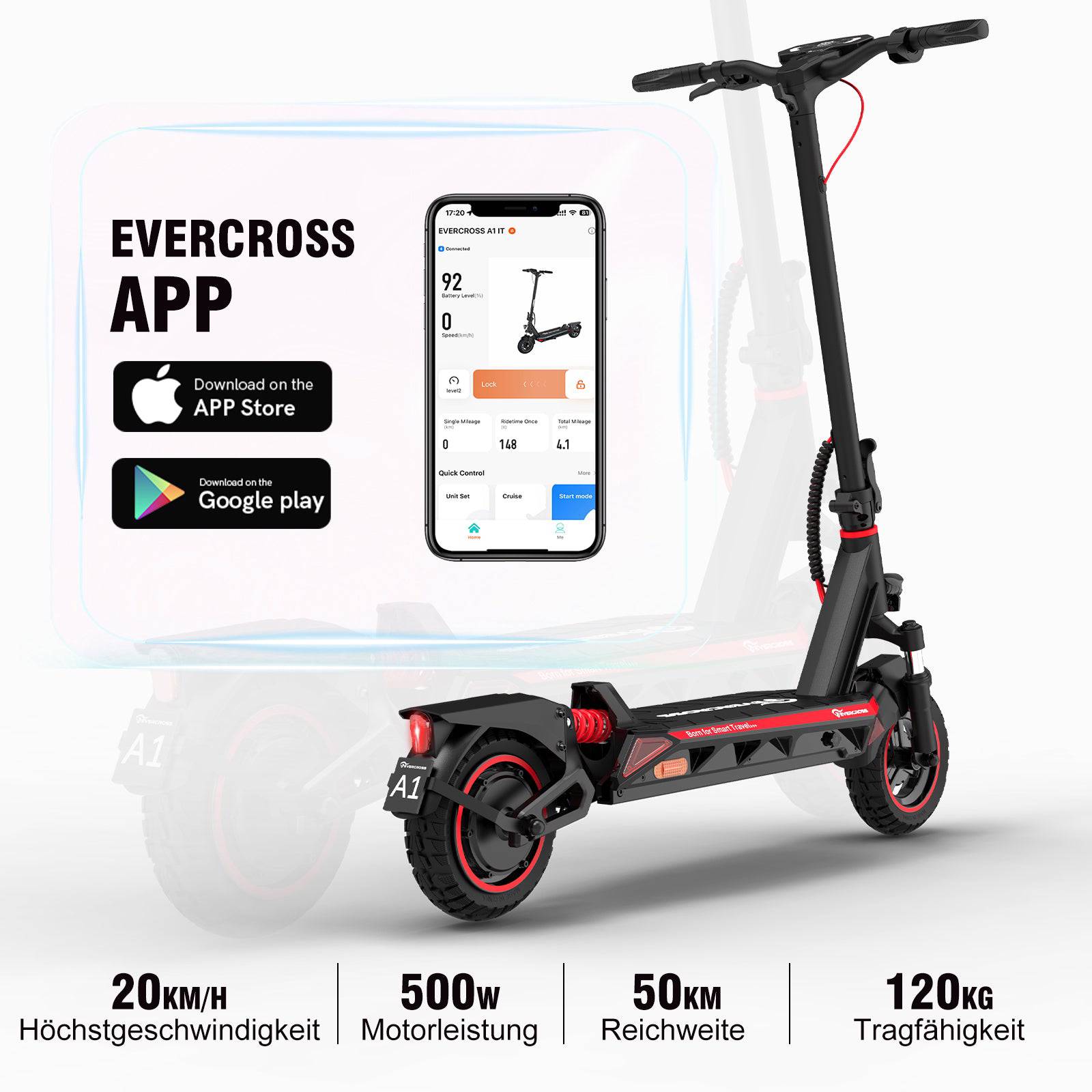 Evercross A1-ABE SRT 22kmh 50km 734,4Wh 500W 120kg E-Scooter ABE