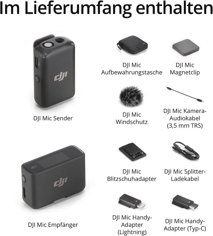 DJI Mic (1 Sender + 1 Empfänger), Lavalier-Funkmikrofon, 250 m Reichweite, kompakt und Ultraleicht