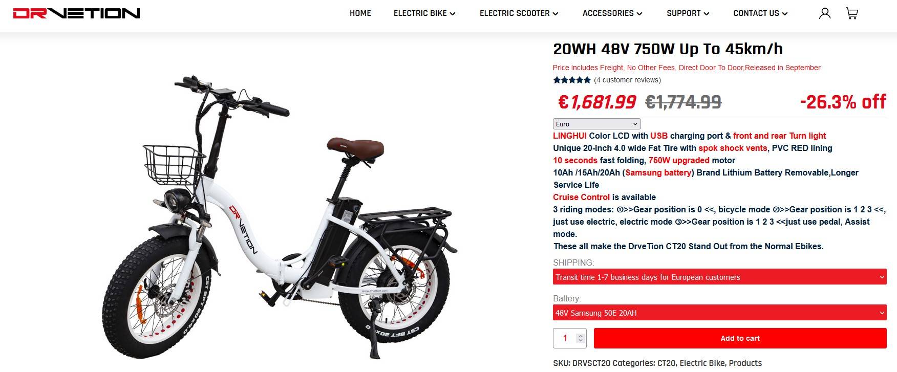 DrVetion CT20 E-Bike WS 20" 48V/20Ah/960Wh/100kg 110km Klapprad