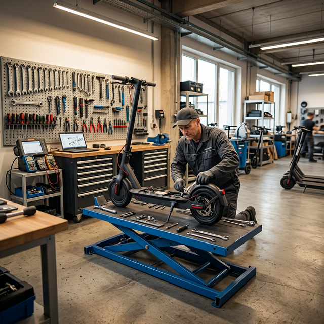 Fachwerkstatt für E-Scooter und E-Mobilität – Werkstatt-Interieur mit Mechaniker