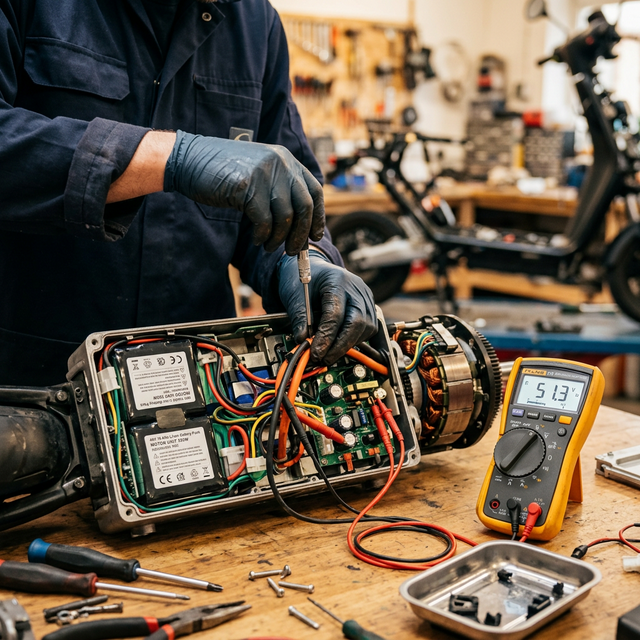 Professionelle E-Scooter Reparatur – Mechaniker bei der Arbeit an Akku und Motor
